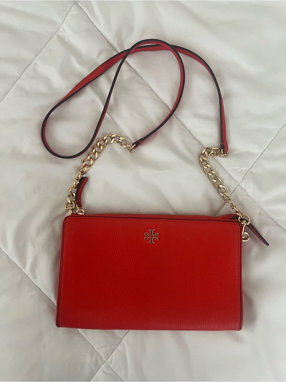Tory Burch Orange  Pebbled Leather Chain Strap Crossbody
